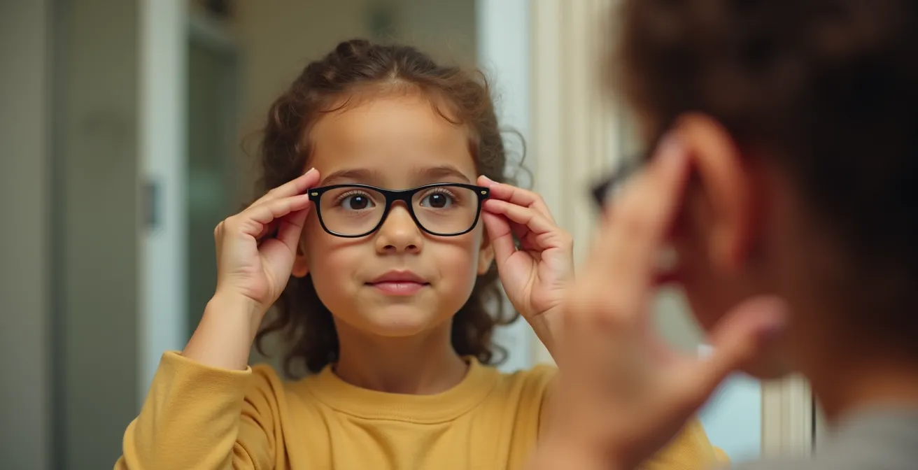 Enfant se regardant dans un miroir avec ses nouvelles lunettes